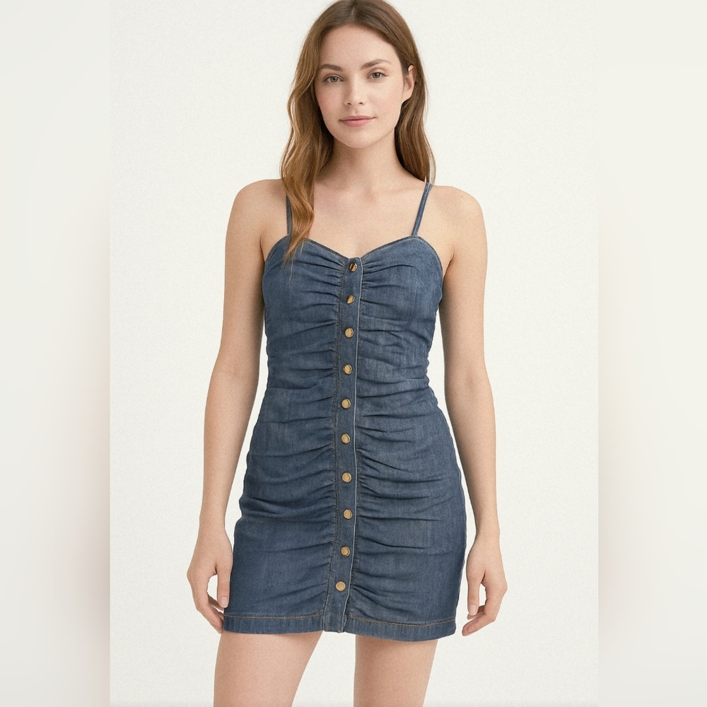 Paul & Joe sweetheart snap button draped Blue denim mini dress Size 10/M/EUR 40